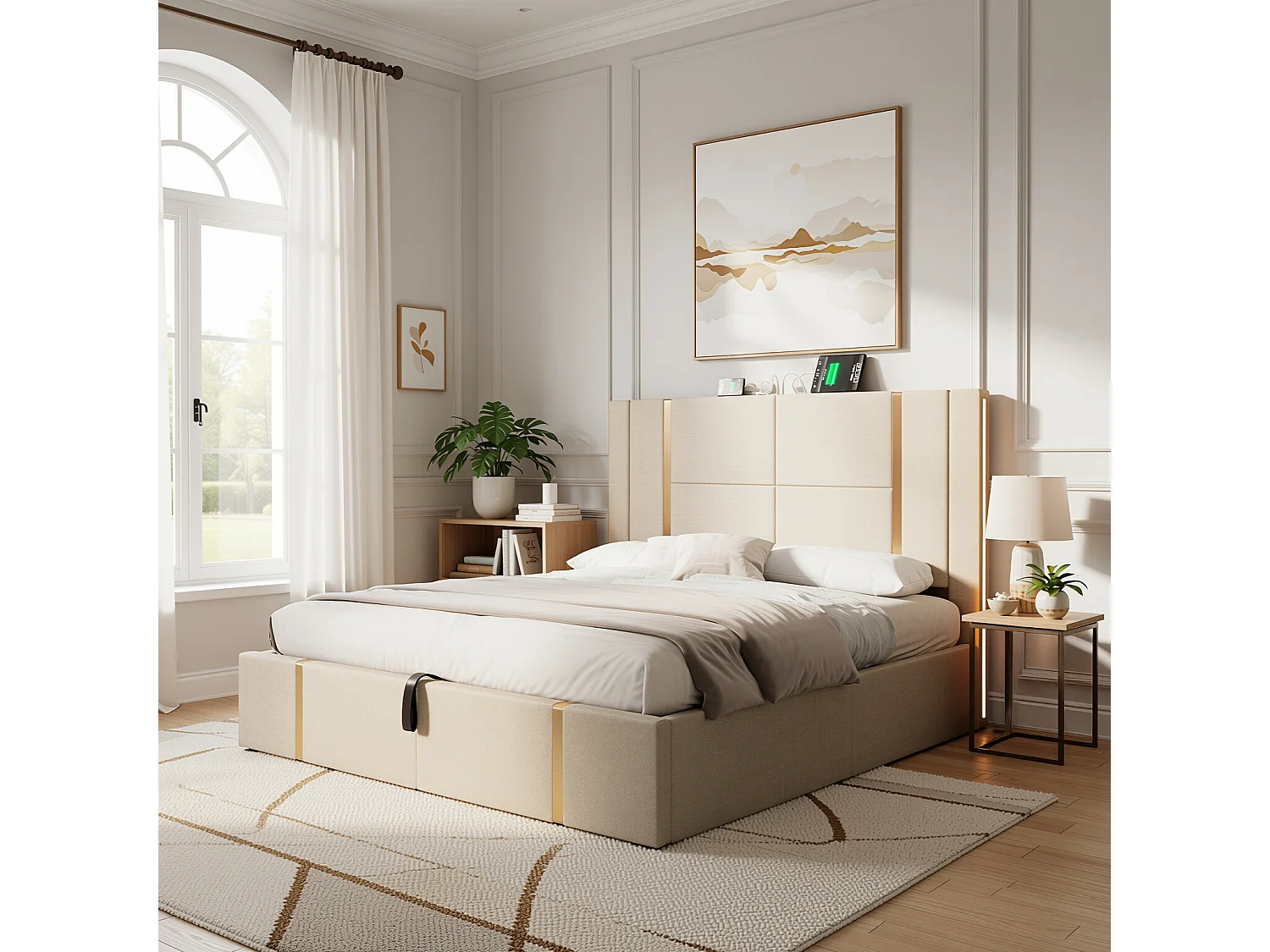 URBAN MEUBLE Lit coffre queen capitonné lin beige avec éclairage LED et ports usb/type-c (Matelas non inclus)