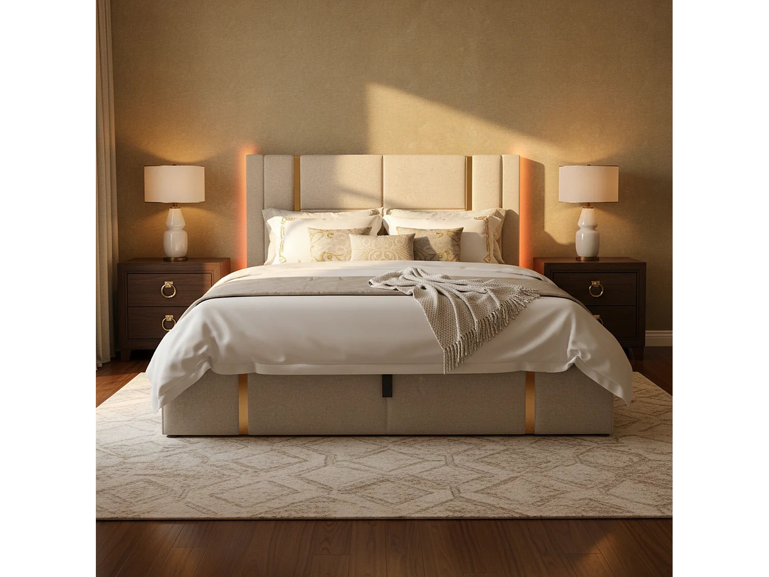 URBAN MEUBLE Lit coffre queen capitonné lin beige avec éclairage LED et ports usb/type-c (Matelas non inclus)
