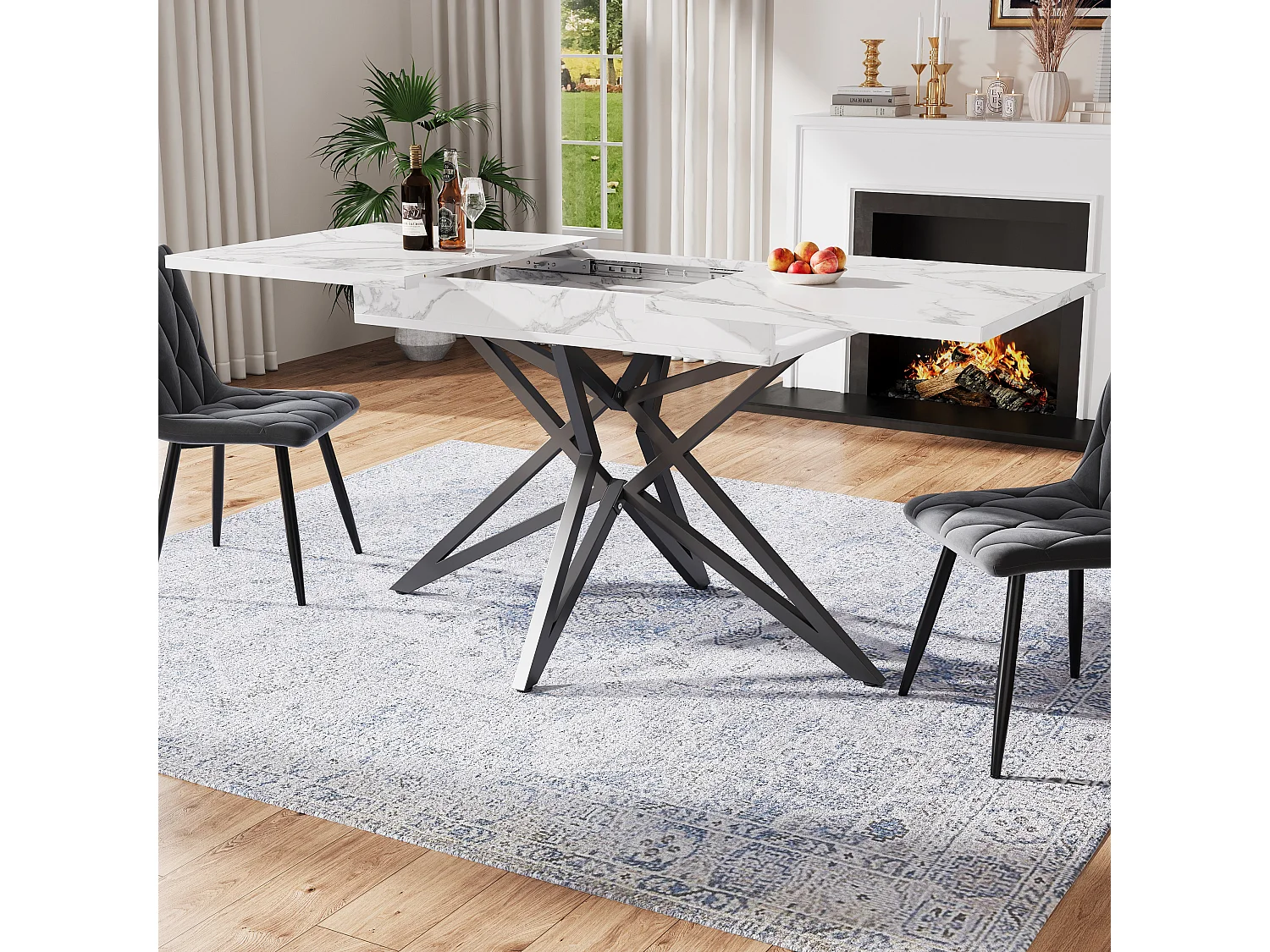 URBAN MEUBLE Table à manger extensible imitation marbre blanc 120-160cm et pieds noir en forme d'étoile