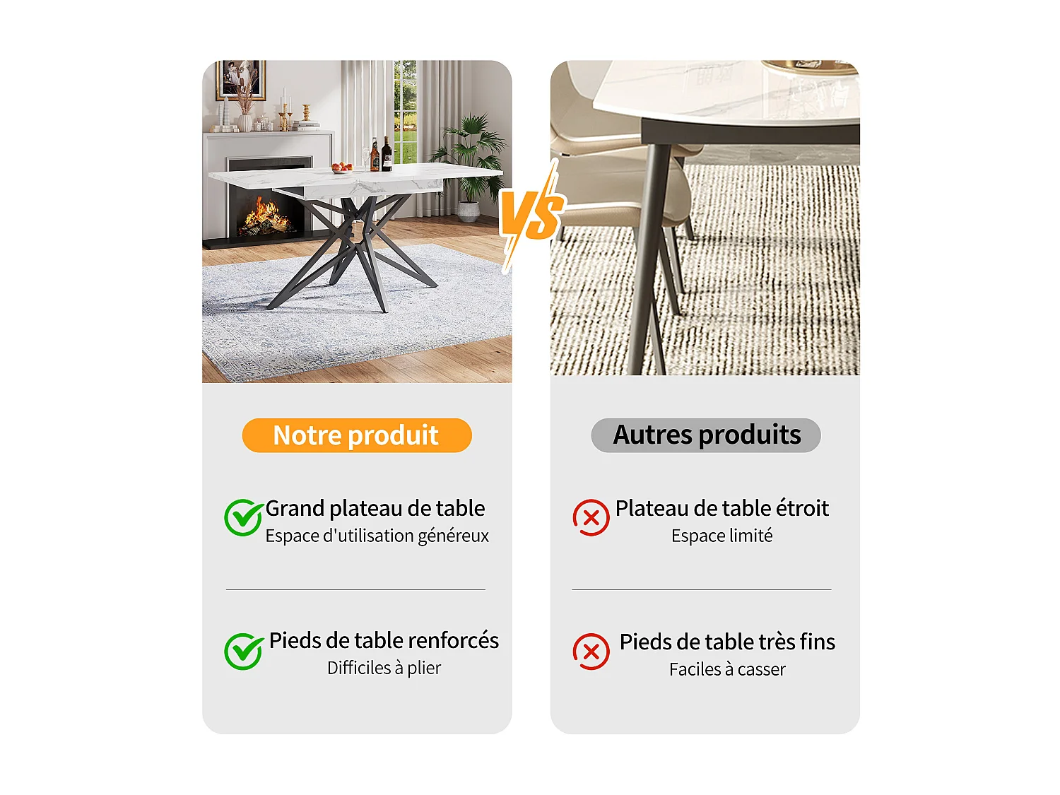 URBAN MEUBLE Table à manger extensible imitation marbre blanc 120-160cm et pieds noir en forme d'étoile