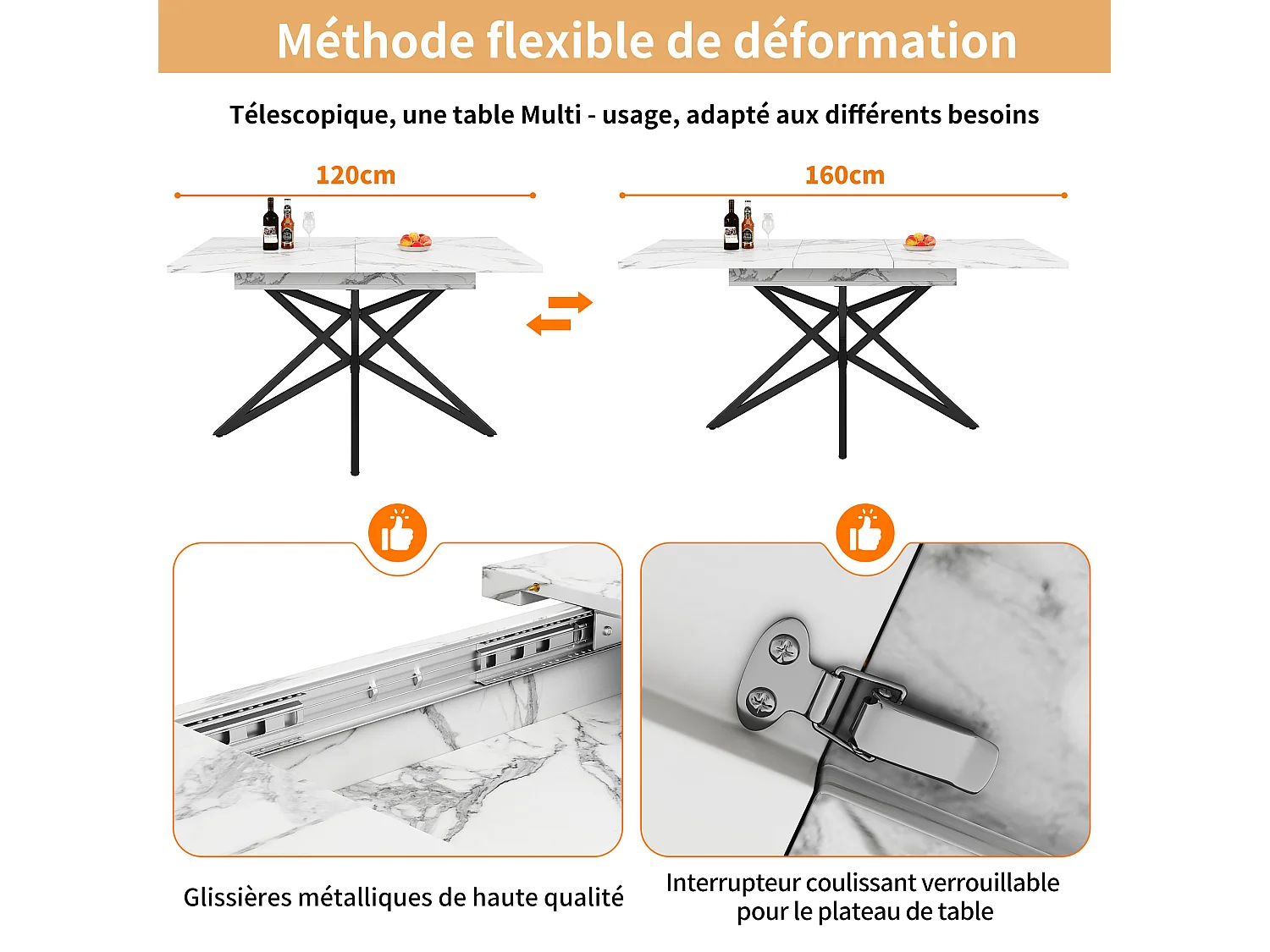 URBAN MEUBLE Table à manger extensible imitation marbre blanc 120-160cm et pieds noir en forme d'étoile