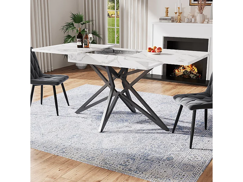 URBAN MEUBLE Table à manger extensible imitation marbre blanc 120-160cm et pieds noir en forme d'étoile