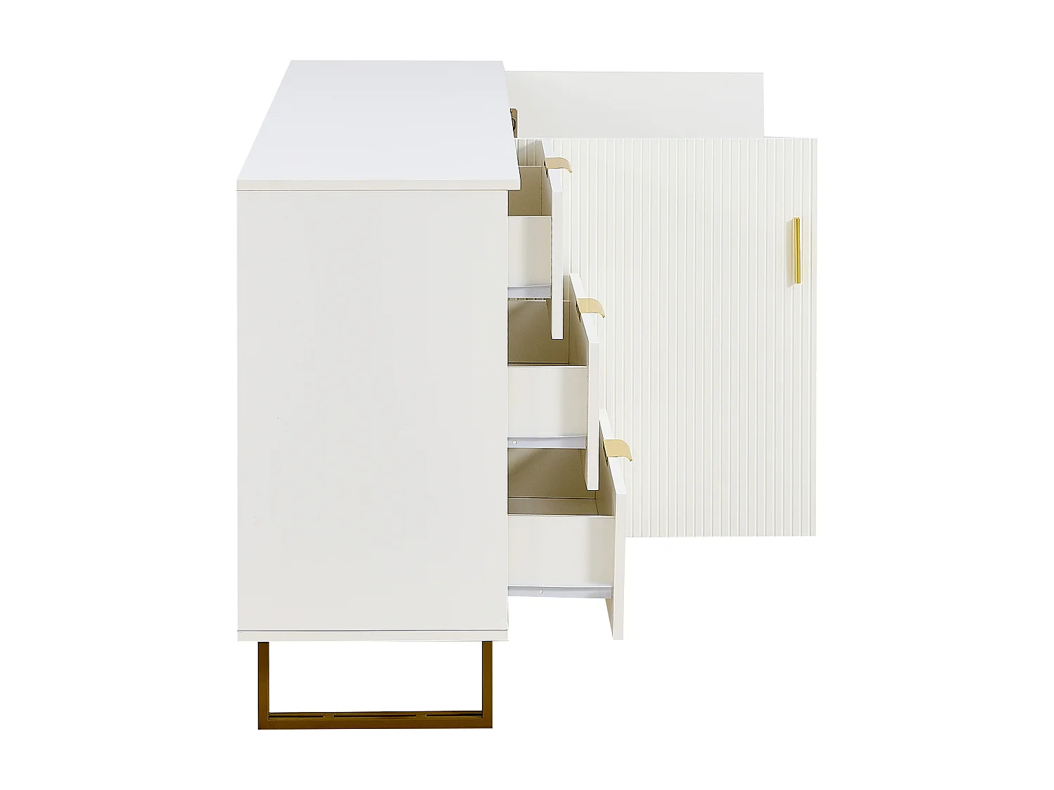 URBAN MEUBLE Buffet blanc laqué avec rainures verticales, tiroirs et accents dorés - design moderne