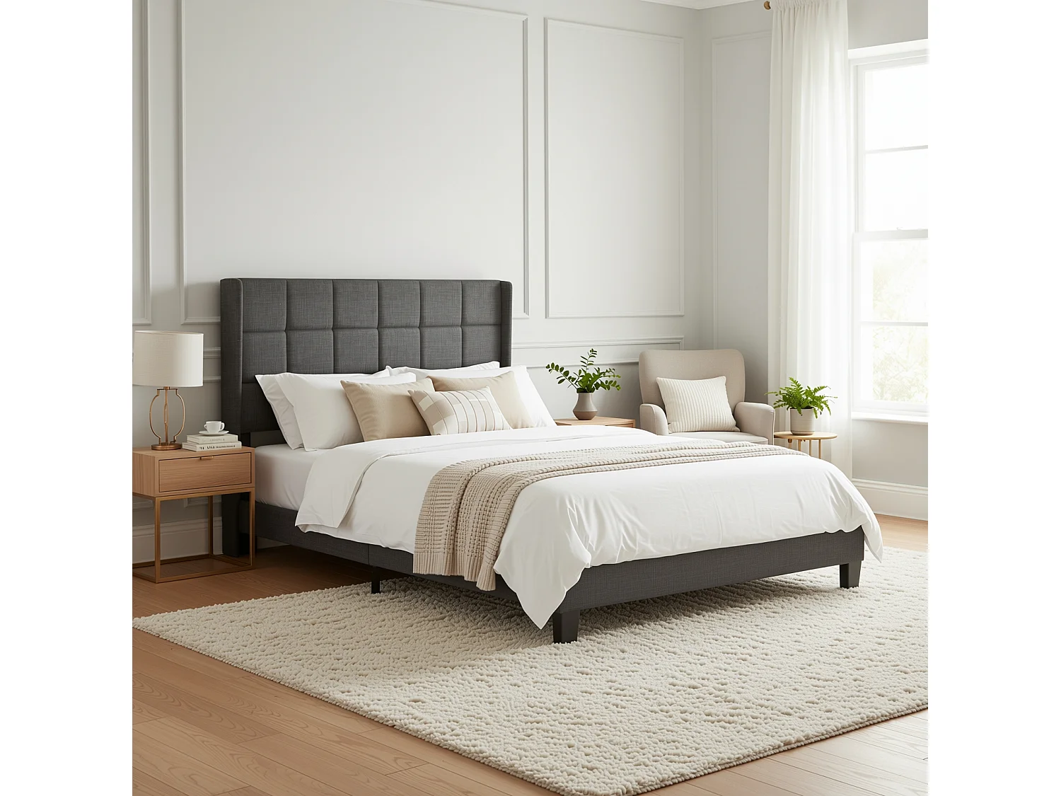 URBAN MEUBLE Ensemble lit double rembourré en lin gris 140x200 avec sommier à lattes(Matelas non inclus)