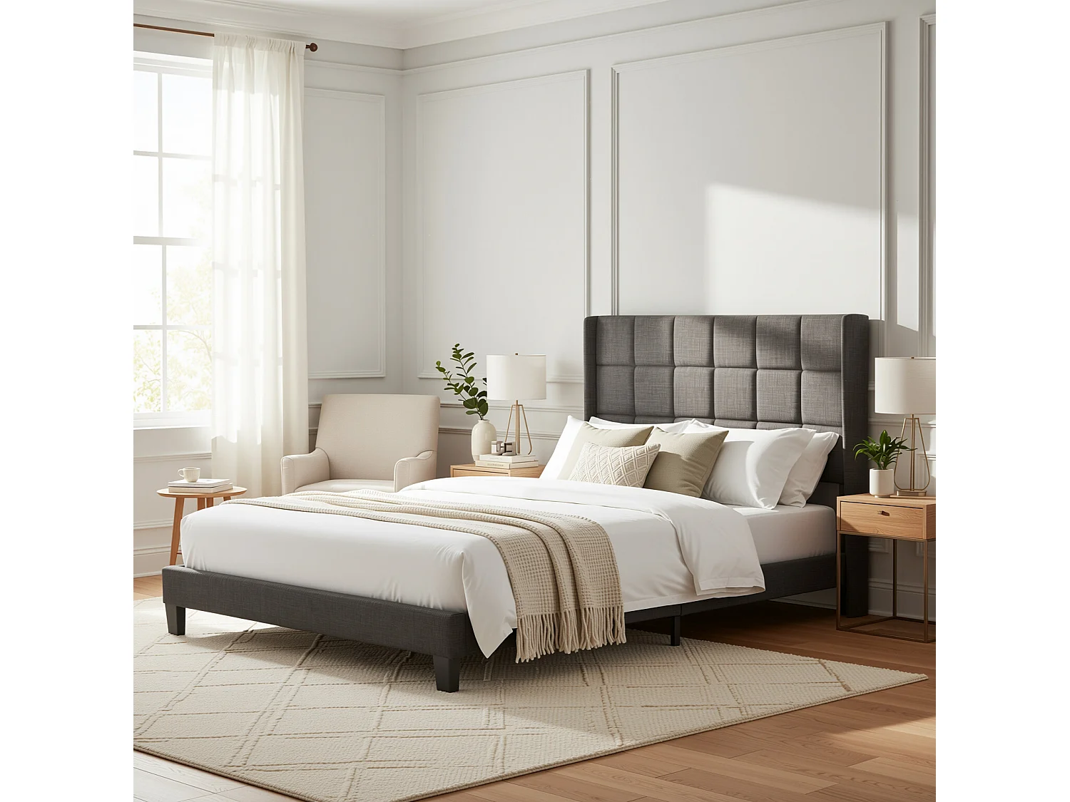 URBAN MEUBLE Ensemble lit double rembourré en lin gris 140x200 avec sommier à lattes(Matelas non inclus)
