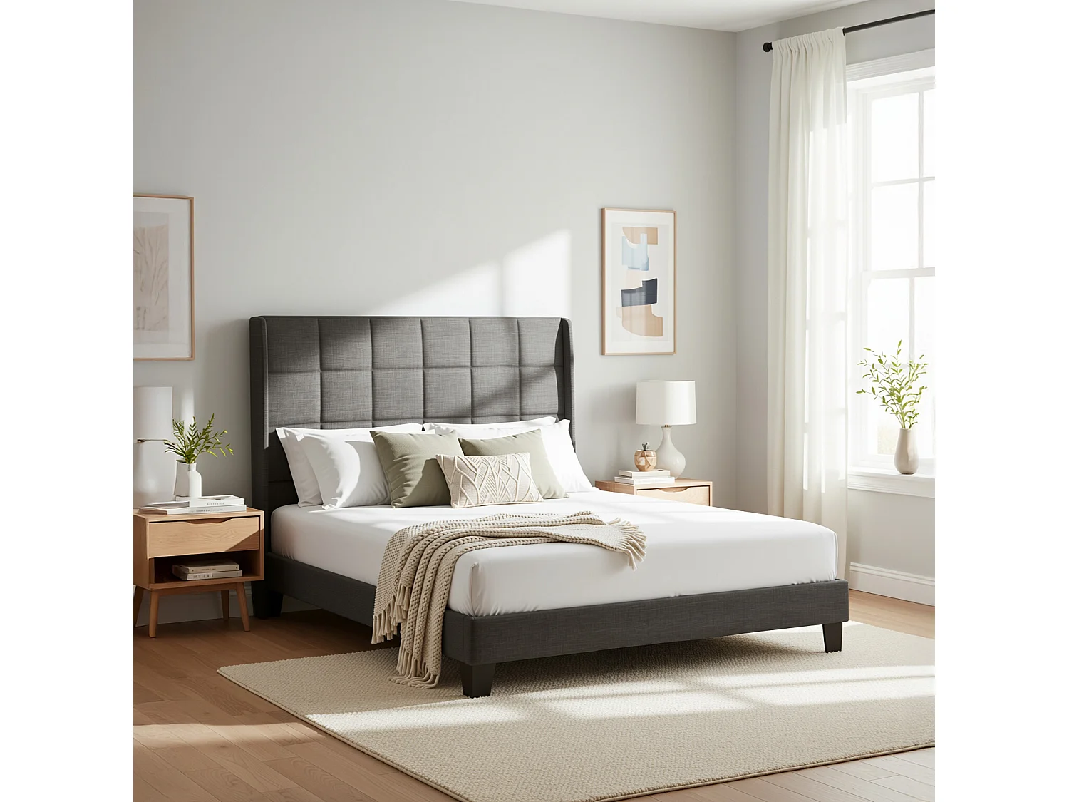 URBAN MEUBLE Ensemble lit double rembourré en lin gris 140x200 avec sommier à lattes(Matelas non inclus)