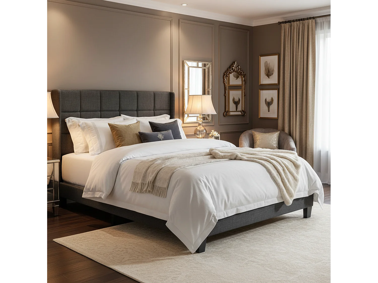 URBAN MEUBLE Ensemble lit double rembourré en lin gris 140x200 avec sommier à lattes(Matelas non inclus)