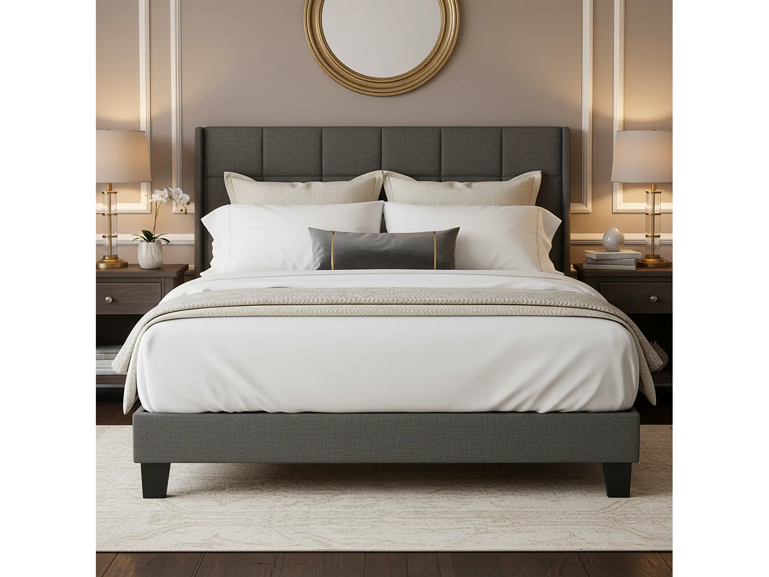 URBAN MEUBLE Ensemble lit double rembourré en lin gris 140x200 avec sommier à lattes(Matelas non inclus)