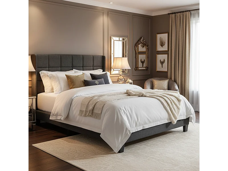 URBAN MEUBLE Ensemble lit double rembourré en lin gris 140x200 avec sommier à lattes(Matelas non inclus)