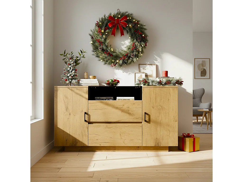 URBAN MEUBLE Buffet industriel effet chêne, niche noir et top en verre, 2 portes 2 tiroirs