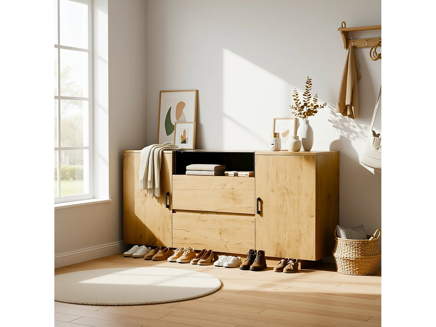 URBAN MEUBLE Buffet industriel effet chêne, niche noir et top en verre, 2 portes 2 tiroirs