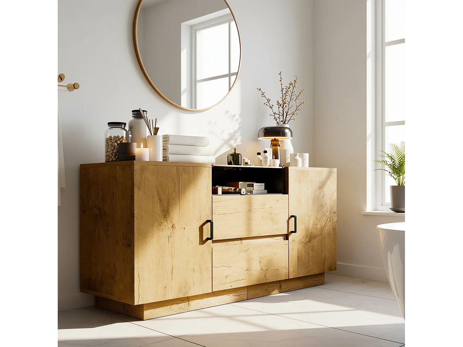 URBAN MEUBLE Buffet industriel effet chêne, niche noir et top en verre, 2 portes 2 tiroirs