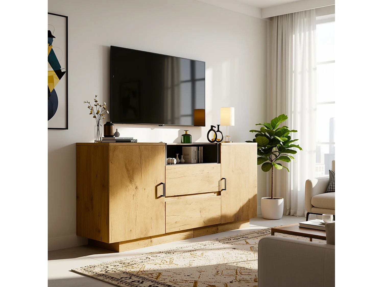 URBAN MEUBLE Buffet industriel effet chêne, niche noir et top en verre, 2 portes 2 tiroirs