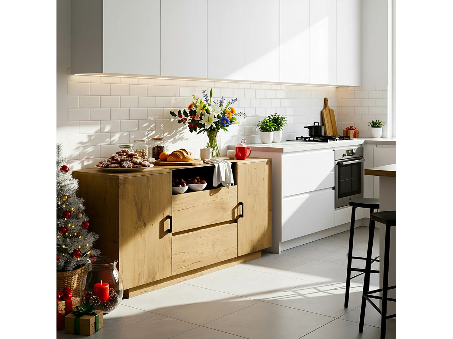 URBAN MEUBLE Buffet industriel effet chêne, niche noir et top en verre, 2 portes 2 tiroirs