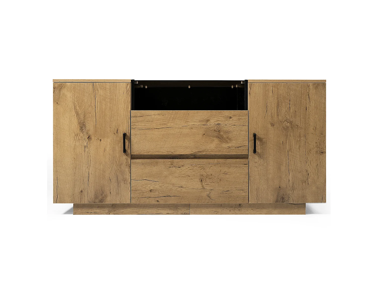 URBAN MEUBLE Buffet industriel effet chêne, niche noir et top en verre, 2 portes 2 tiroirs
