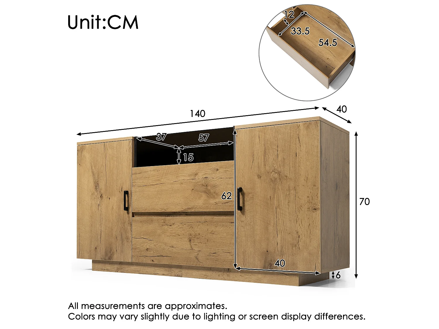 URBAN MEUBLE Buffet industriel effet chêne, niche noir et top en verre, 2 portes 2 tiroirs