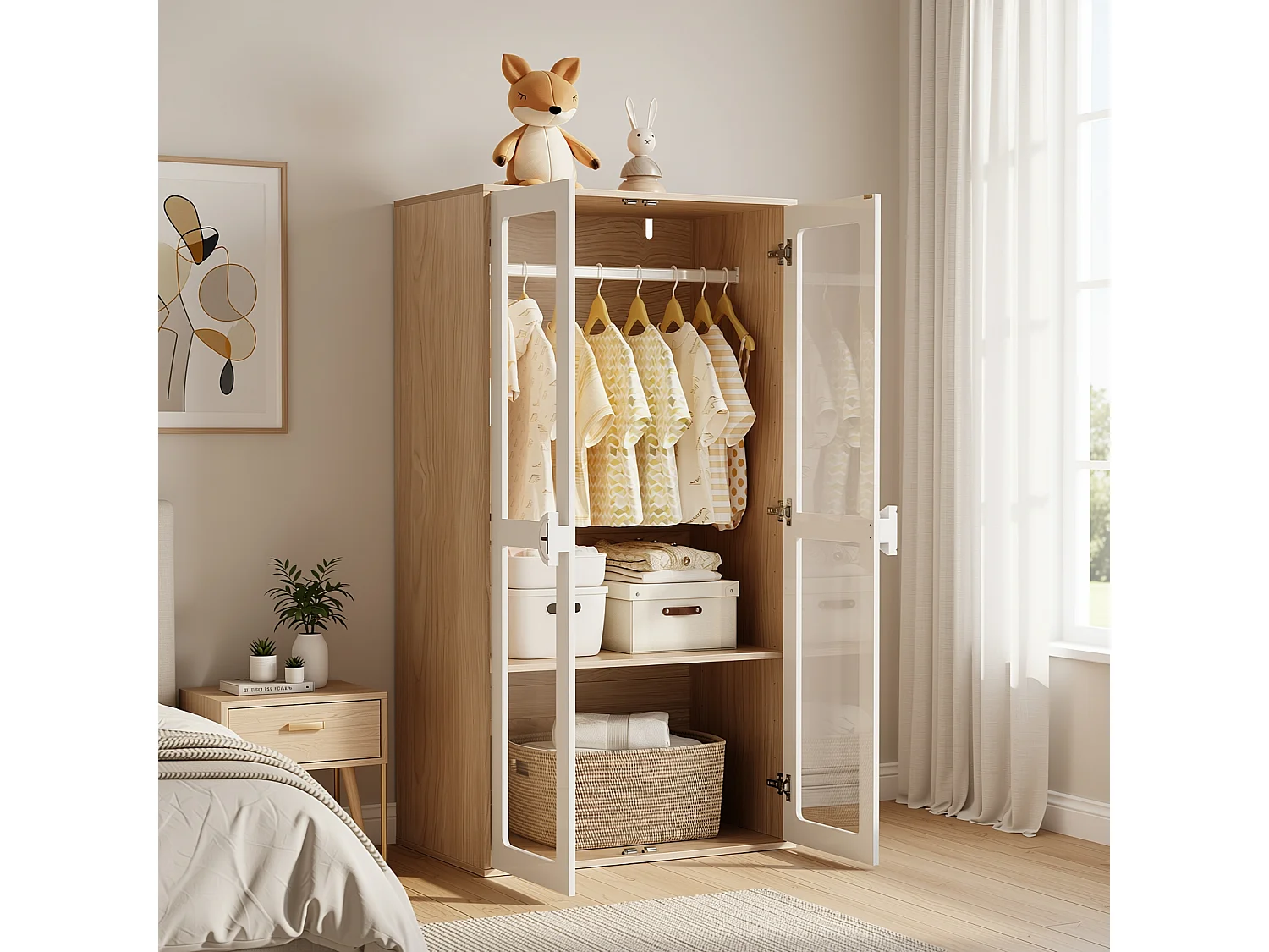 URBAN MEUBLE Armoire bicolore blanc effet bois 2 portes vitrées, tringle et étagères ajustables