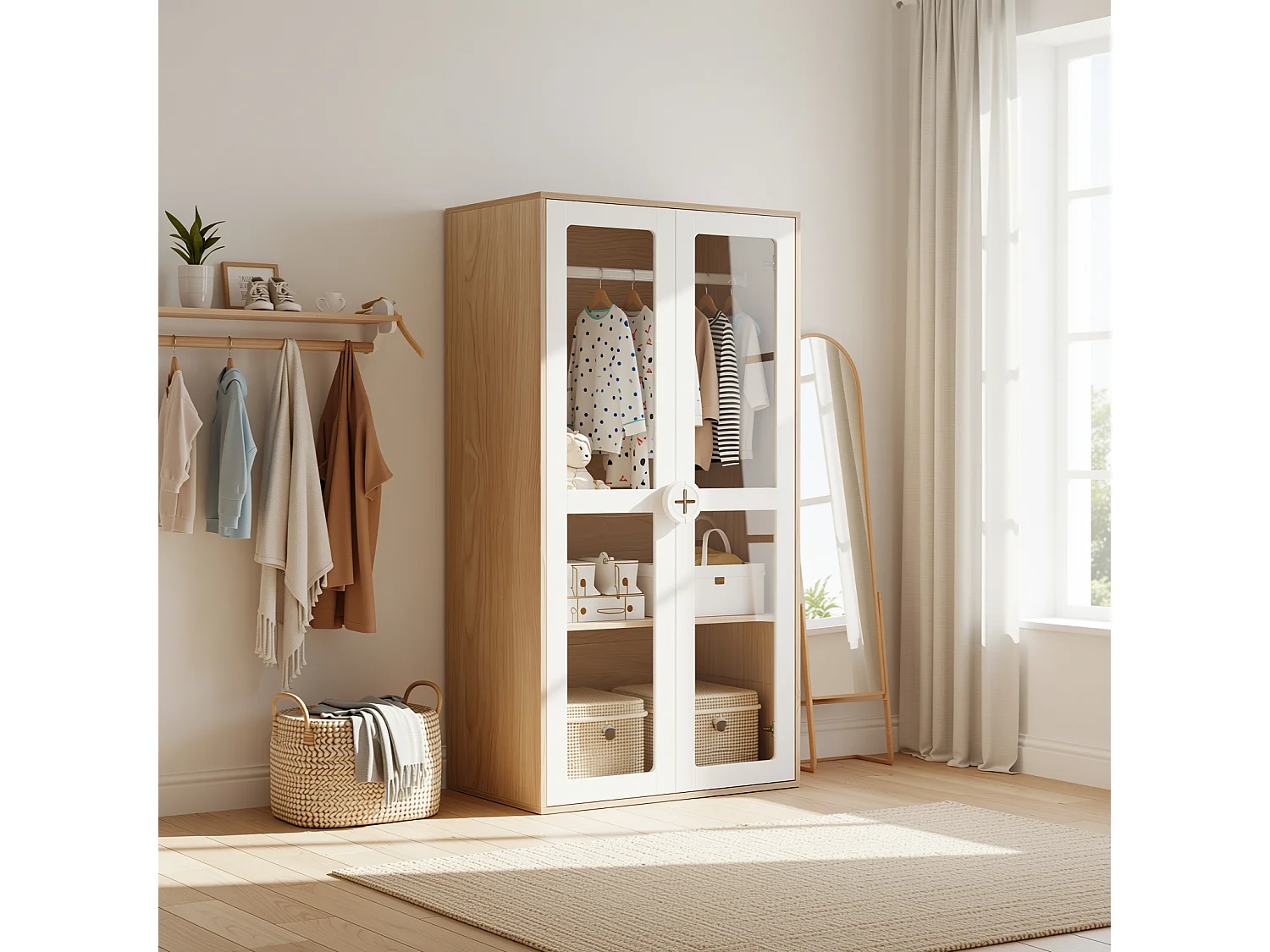 URBAN MEUBLE Armoire bicolore blanc effet bois 2 portes vitrées, tringle et étagères ajustables