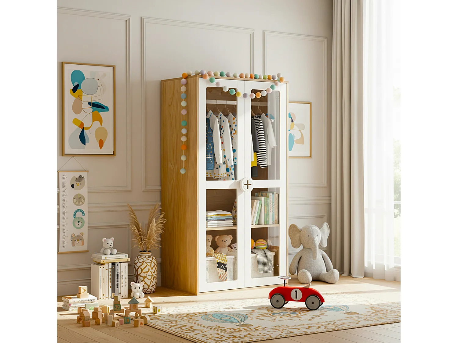 URBAN MEUBLE Armoire bicolore blanc effet bois 2 portes vitrées, tringle et étagères ajustables
