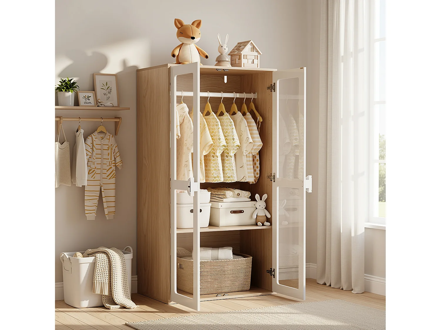 URBAN MEUBLE Armoire bicolore blanc effet bois 2 portes vitrées, tringle et étagères ajustables