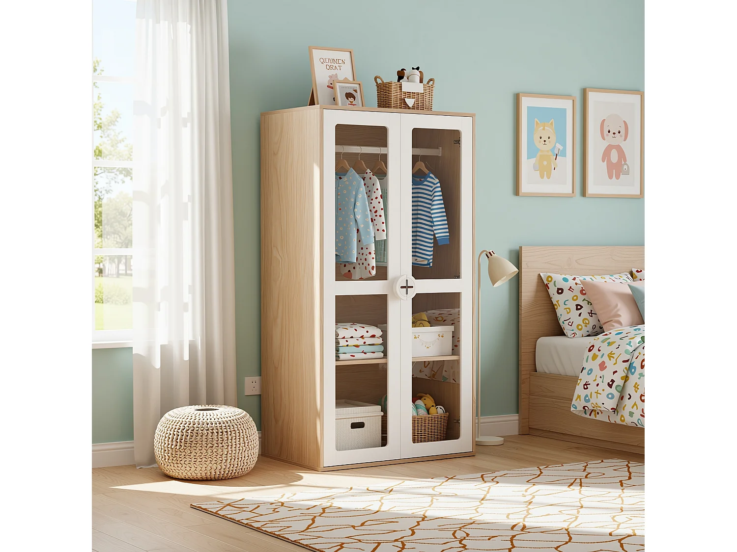 URBAN MEUBLE Armoire bicolore blanc effet bois 2 portes vitrées, tringle et étagères ajustables