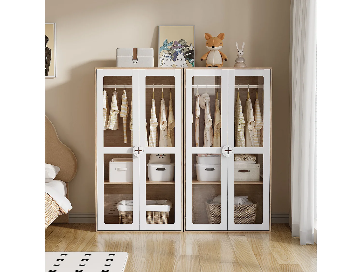 URBAN MEUBLE Armoire bicolore blanc effet bois 2 portes vitrées, tringle et étagères ajustables