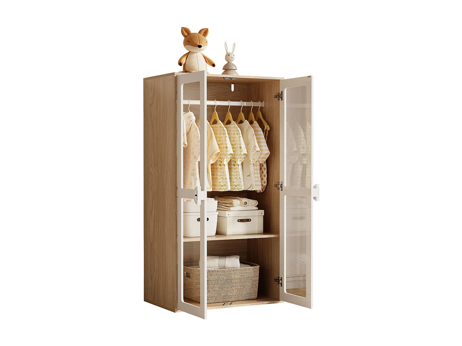 URBAN MEUBLE Armoire bicolore blanc effet bois 2 portes vitrées, tringle et étagères ajustables
