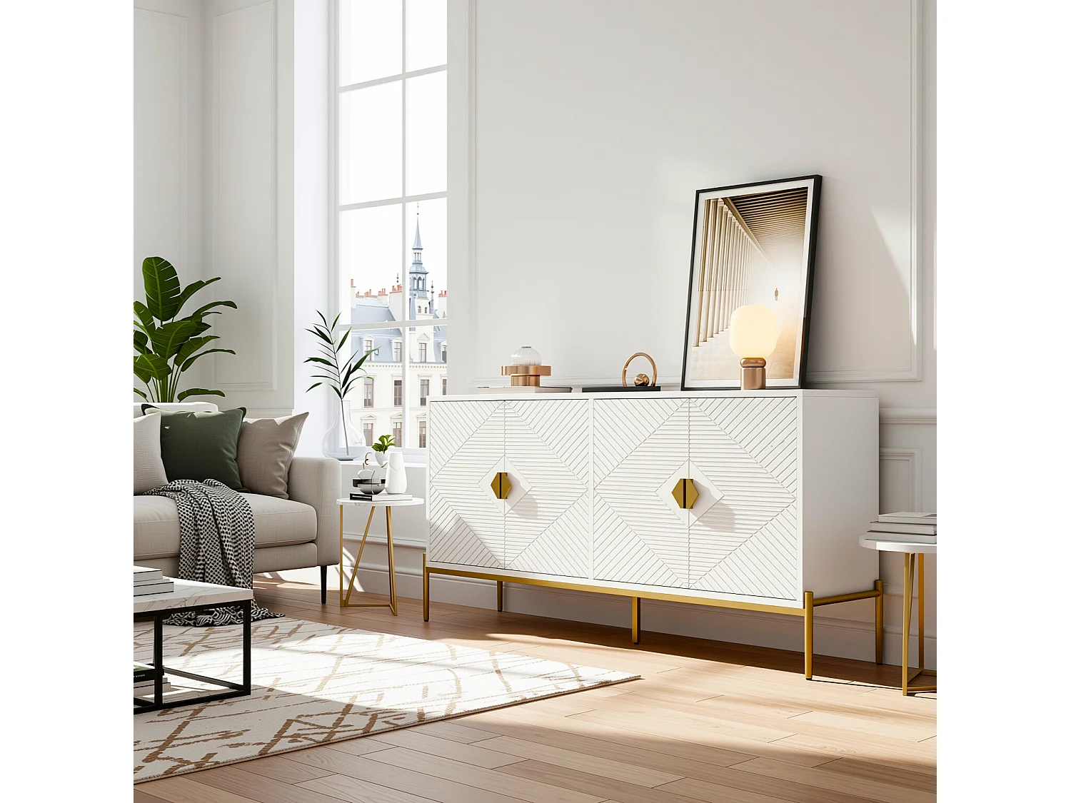 URBAN MEUBLE Buffet moderne blanc à motif géométrique, pieds et poignets dorés