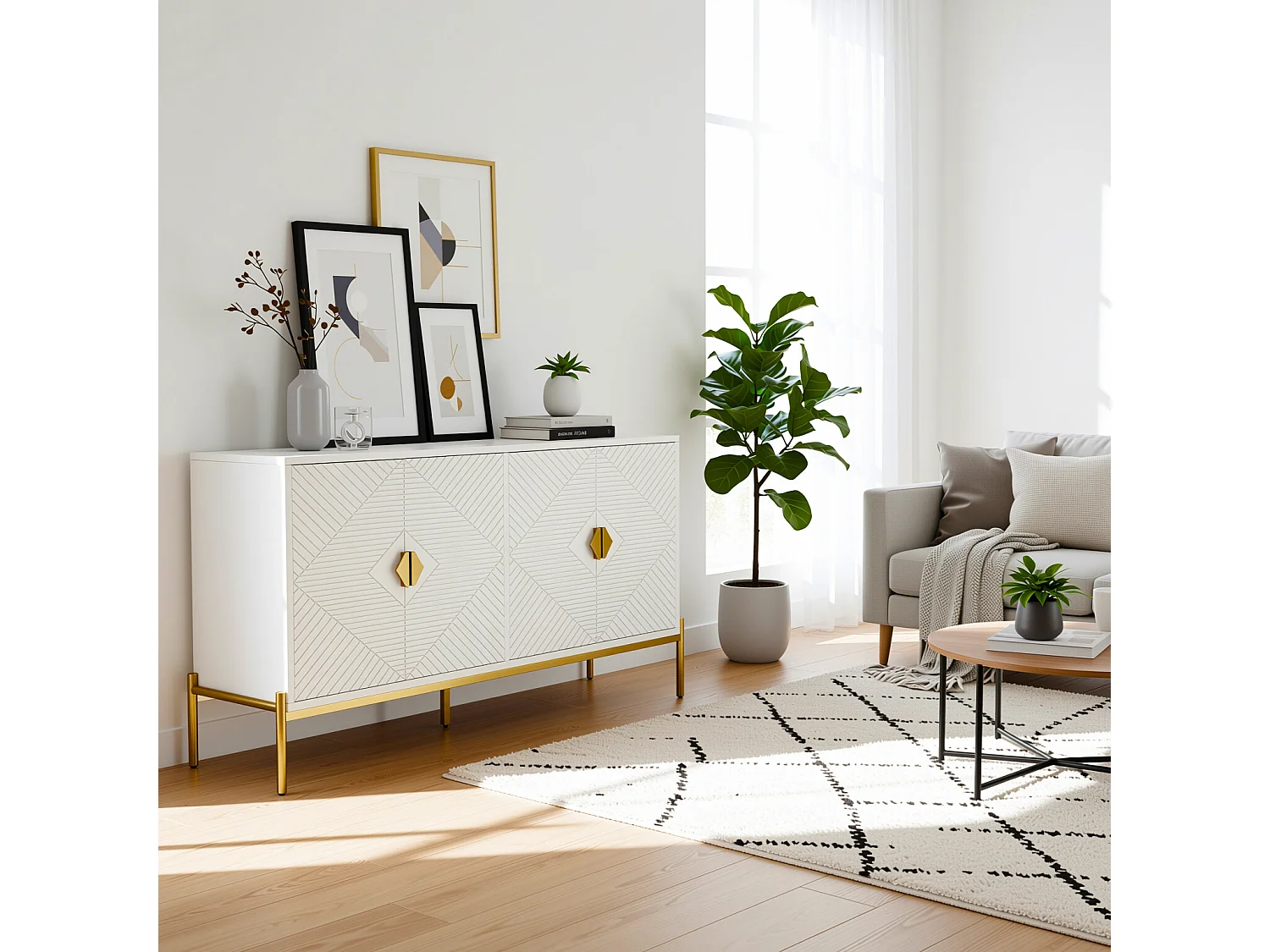 URBAN MEUBLE Buffet moderne blanc à motif géométrique, pieds et poignets dorés