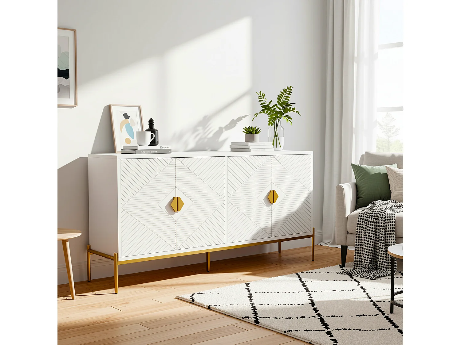 URBAN MEUBLE Buffet moderne blanc à motif géométrique, pieds et poignets dorés