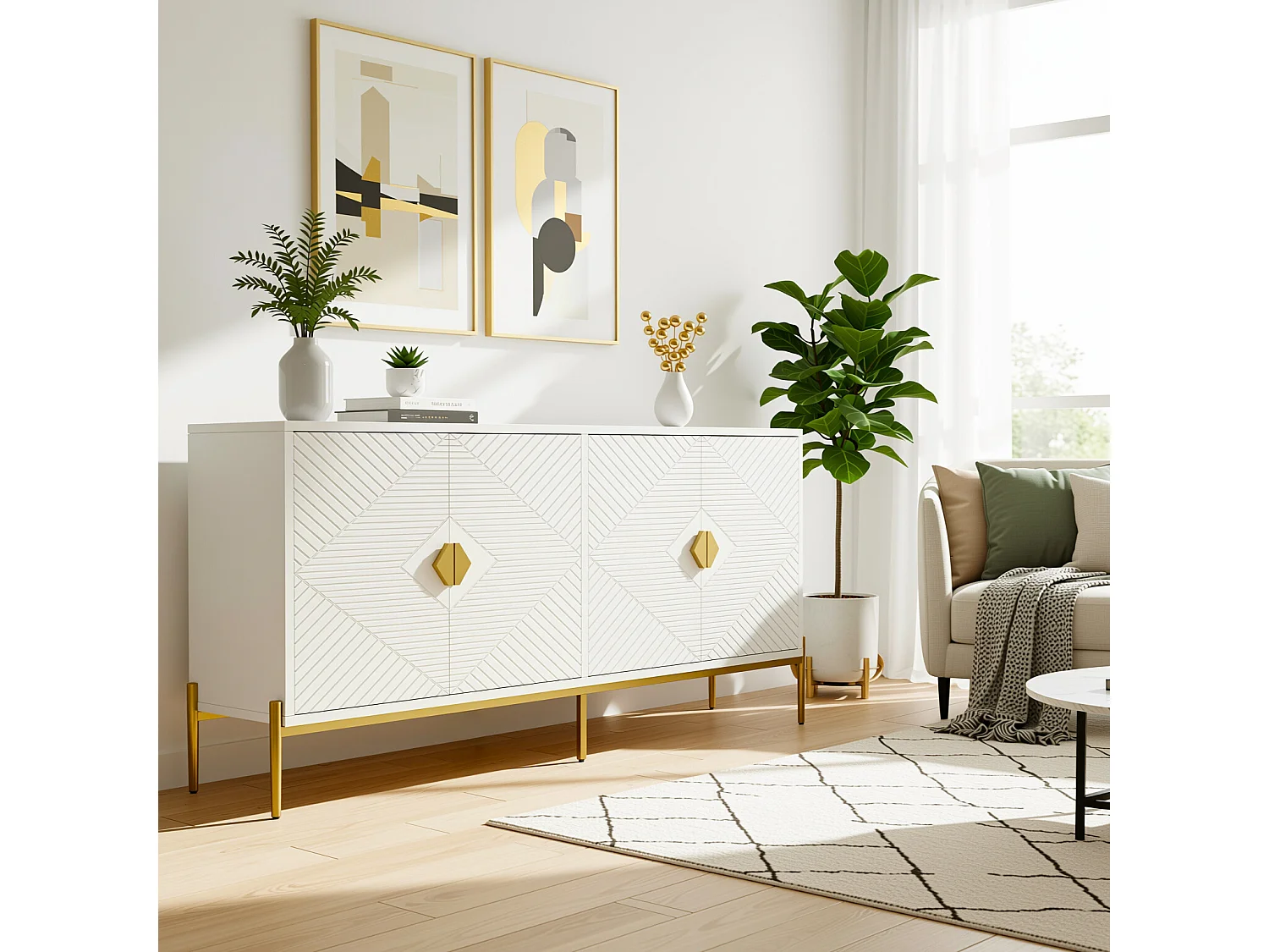 URBAN MEUBLE Buffet moderne blanc à motif géométrique, pieds et poignets dorés