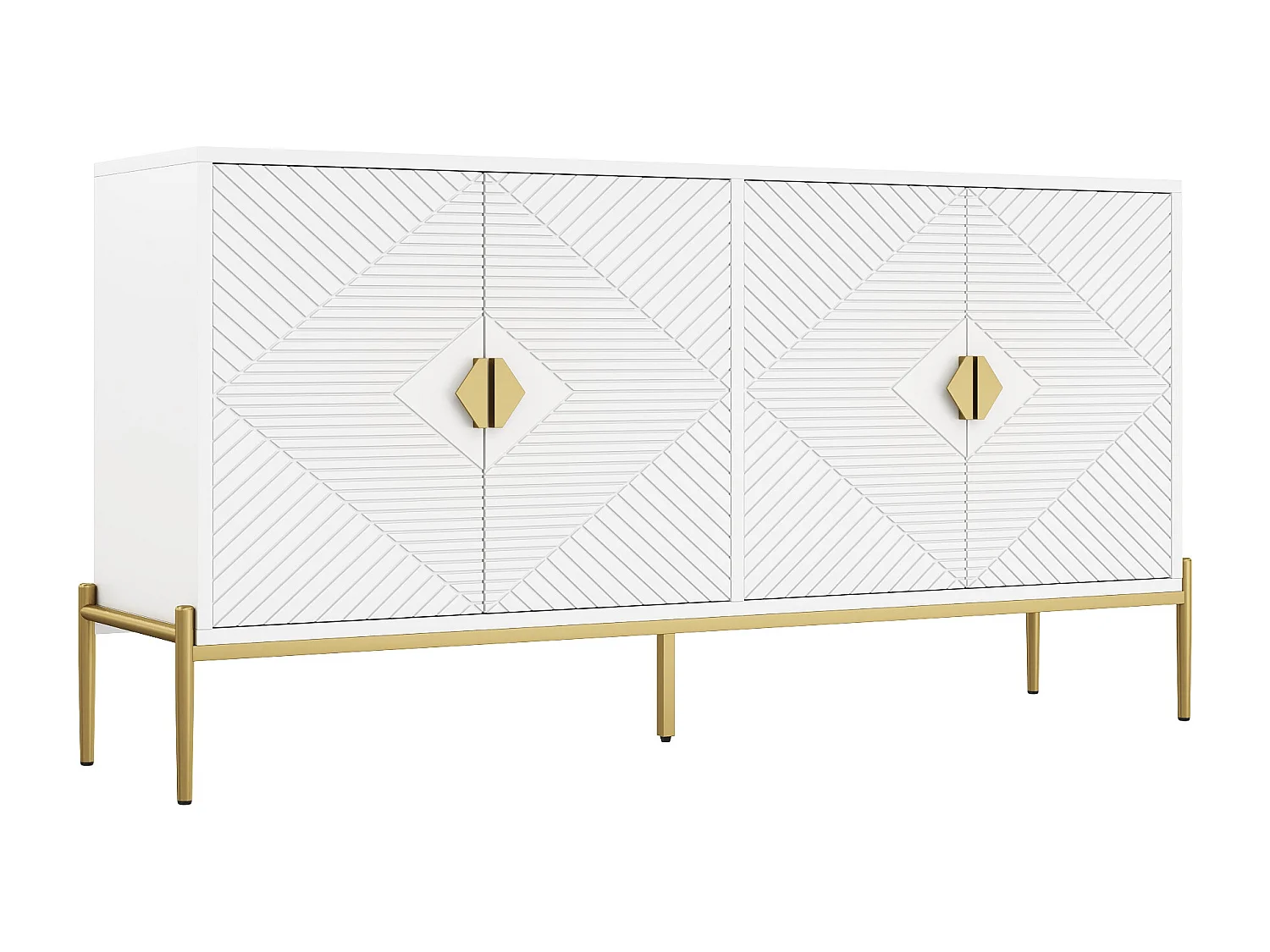 URBAN MEUBLE Buffet moderne blanc à motif géométrique, pieds et poignets dorés