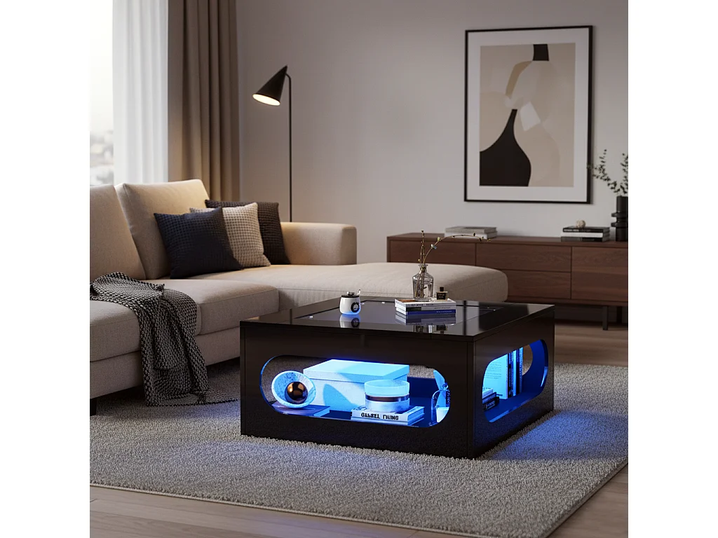 URBAN MEUBLE Table basse carrée noire avec plateau en verre trempé et éclairage LED 70x70x35cm