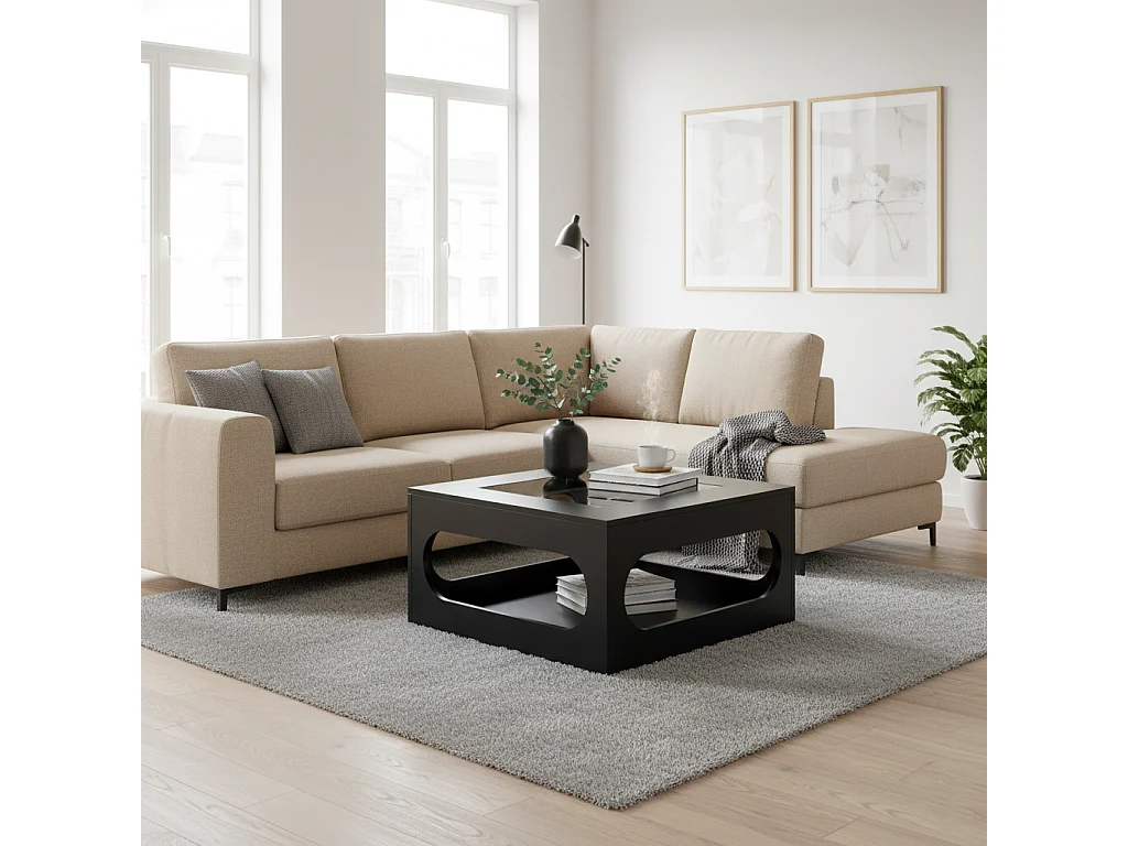 URBAN MEUBLE Table basse carrée noire avec plateau en verre trempé et éclairage LED 70x70x35cm