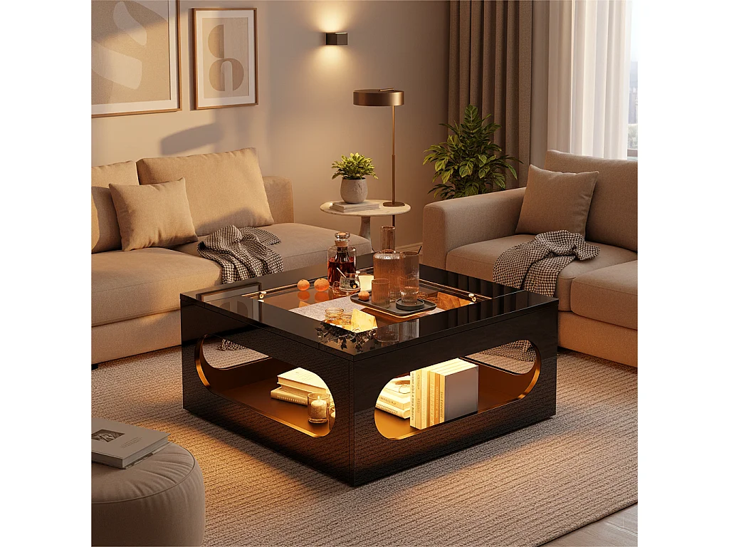 URBAN MEUBLE Table basse carrée noire avec plateau en verre trempé et éclairage LED 70x70x35cm