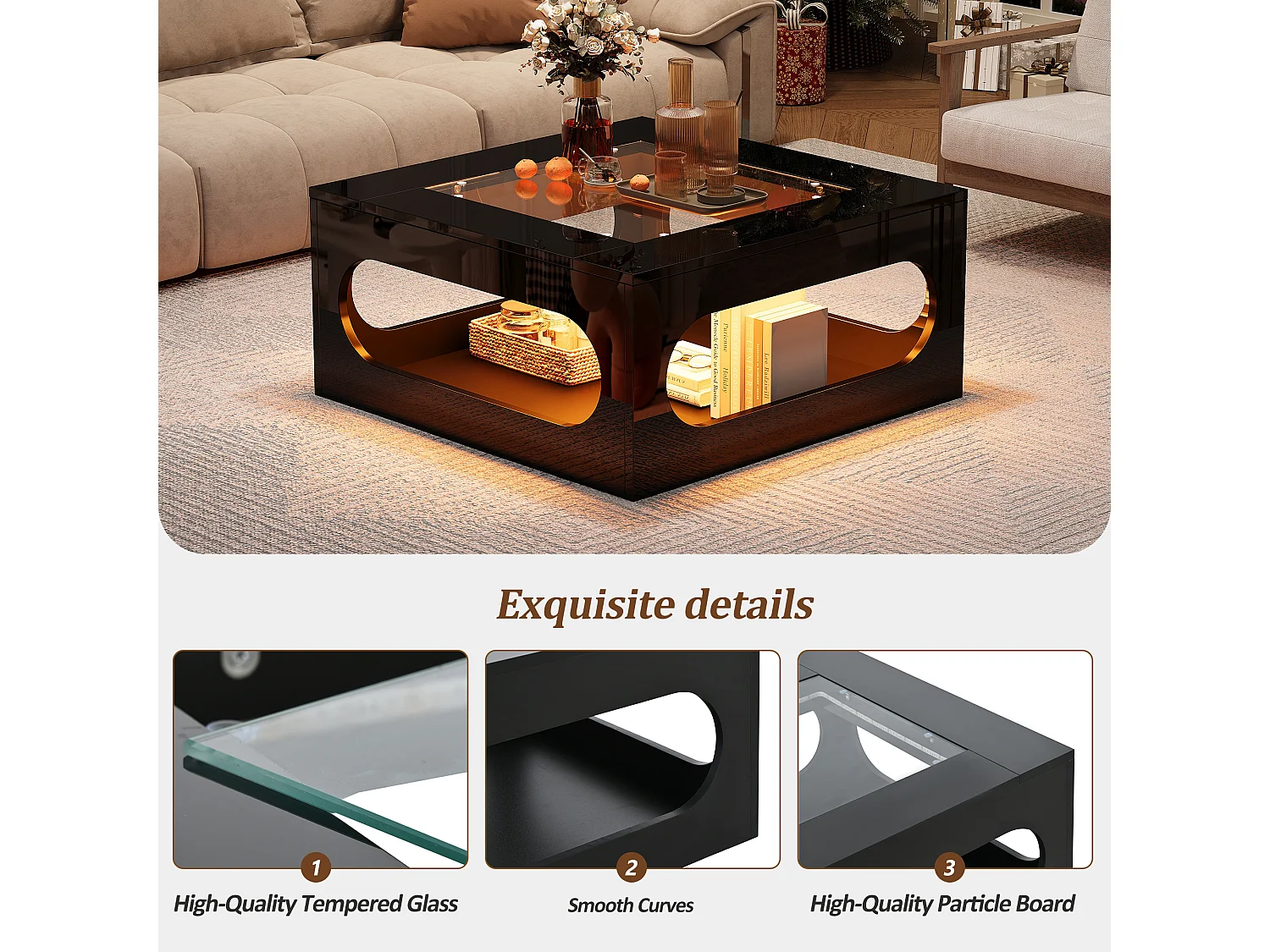 URBAN MEUBLE Table basse carrée noire avec plateau en verre trempé et éclairage LED 70x70x35cm