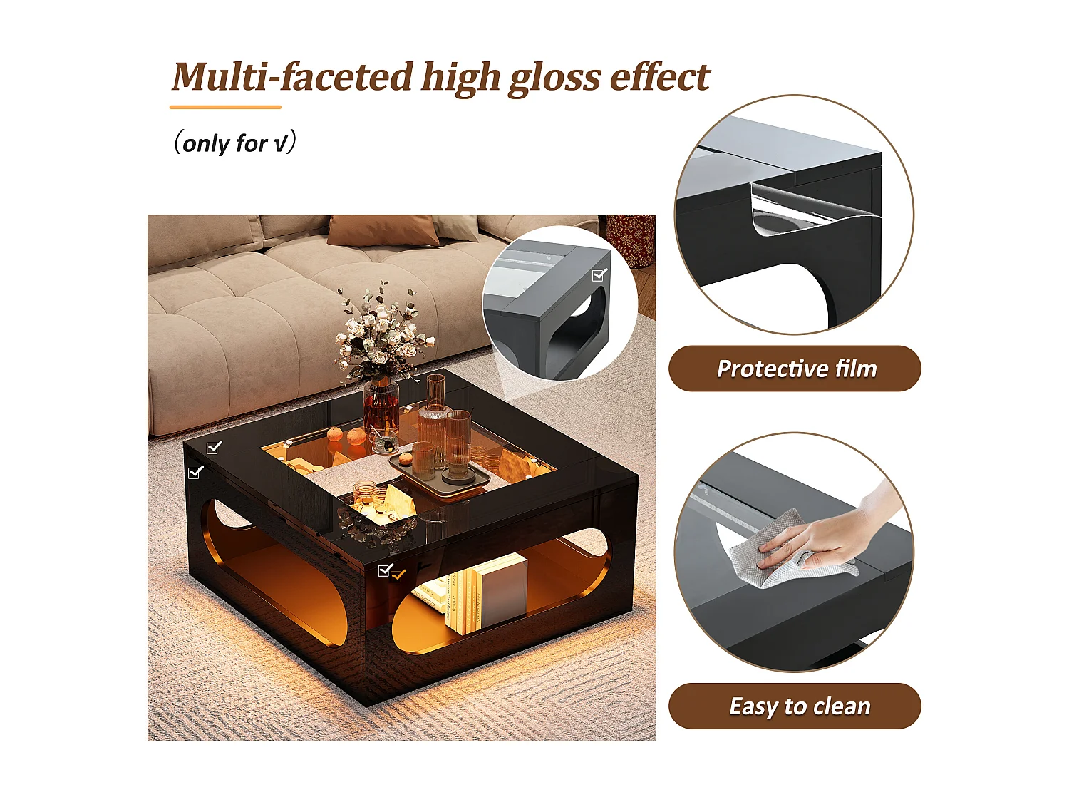 URBAN MEUBLE Table basse carrée noire avec plateau en verre trempé et éclairage LED 70x70x35cm