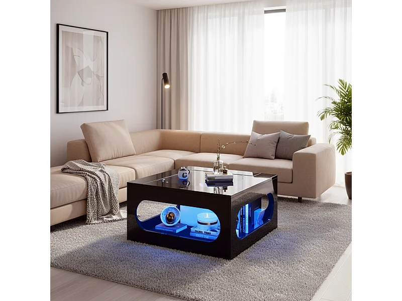 URBAN MEUBLE Table basse carrée noire avec plateau en verre trempé et éclairage LED 70x70x35cm