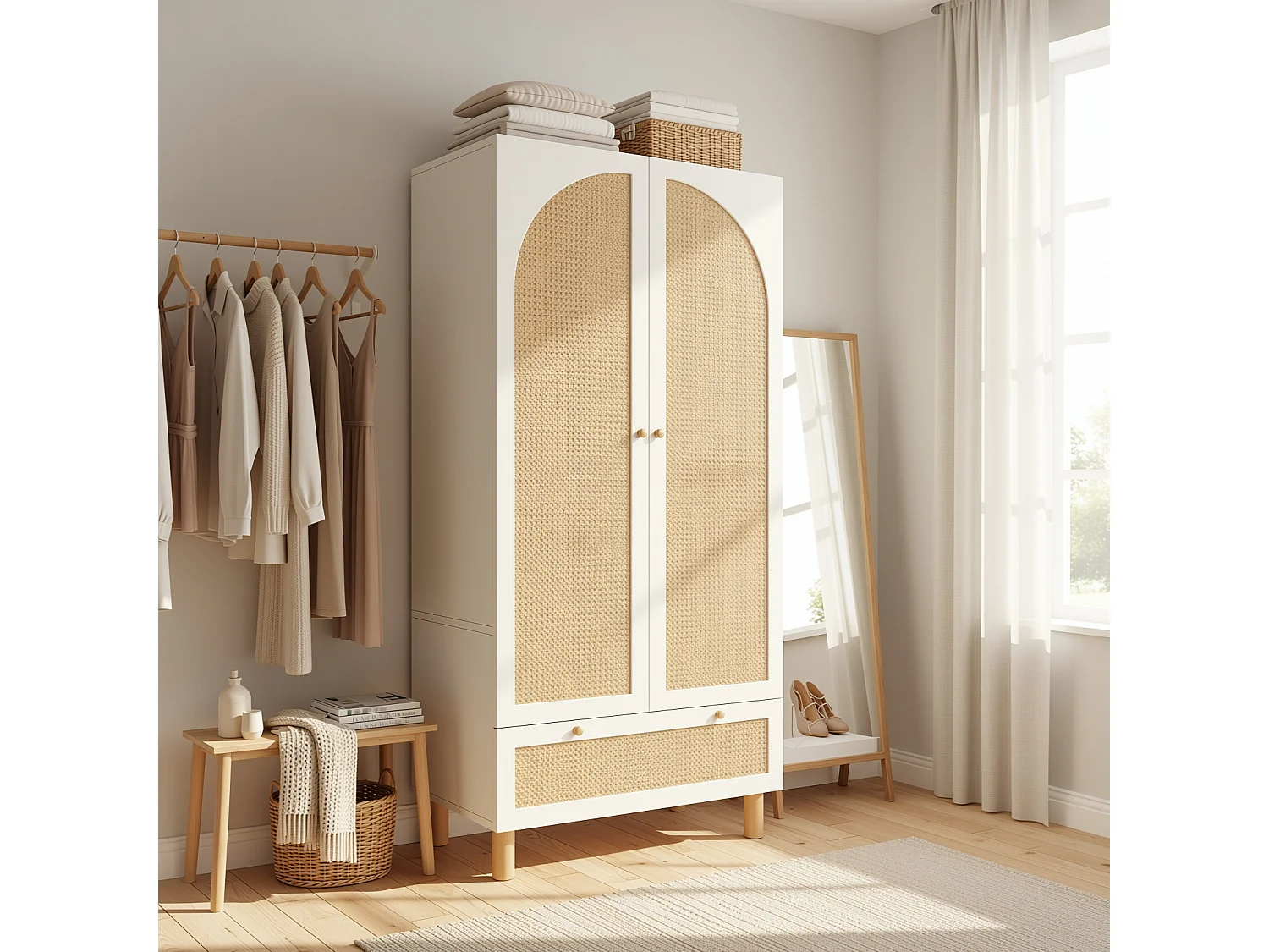 URBAN MEUBLE Armoire style champêtre 2 portes et tiroir en rotin, penderie et étagères ajustables