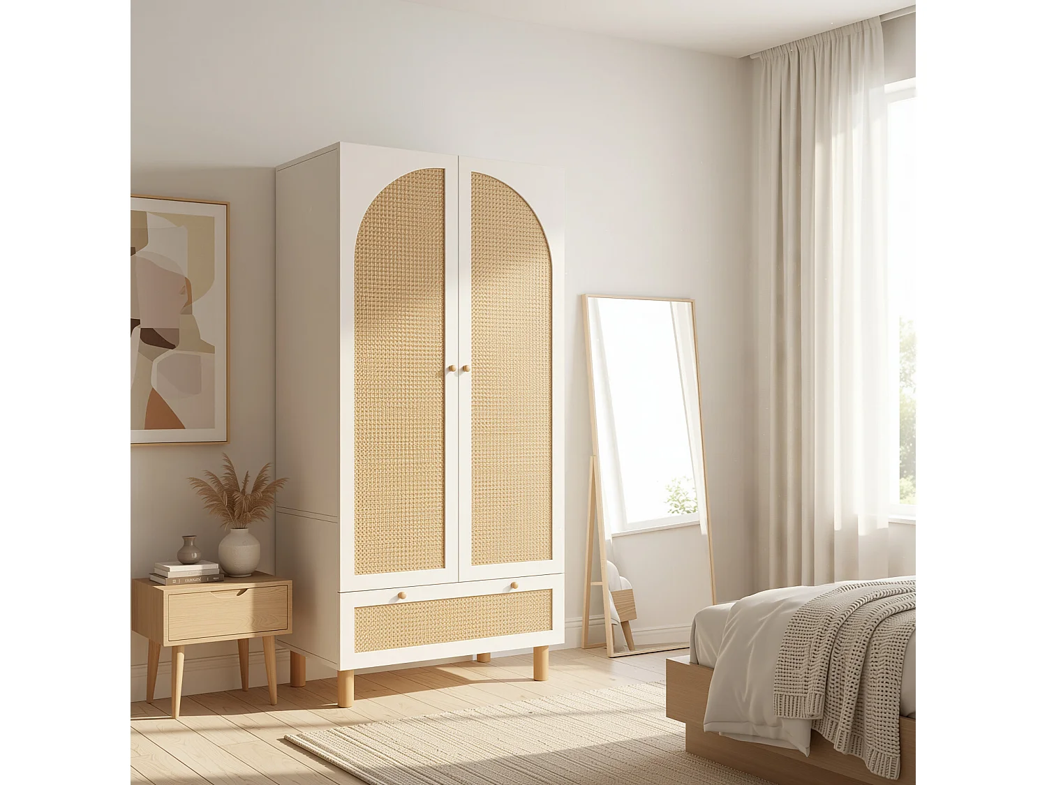 URBAN MEUBLE Armoire style champêtre 2 portes et tiroir en rotin, penderie et étagères ajustables