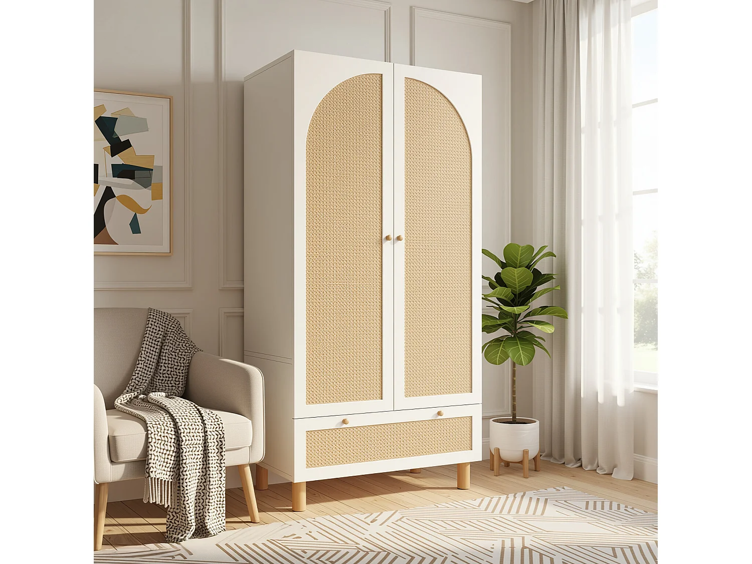 URBAN MEUBLE Armoire style champêtre 2 portes et tiroir en rotin, penderie et étagères ajustables