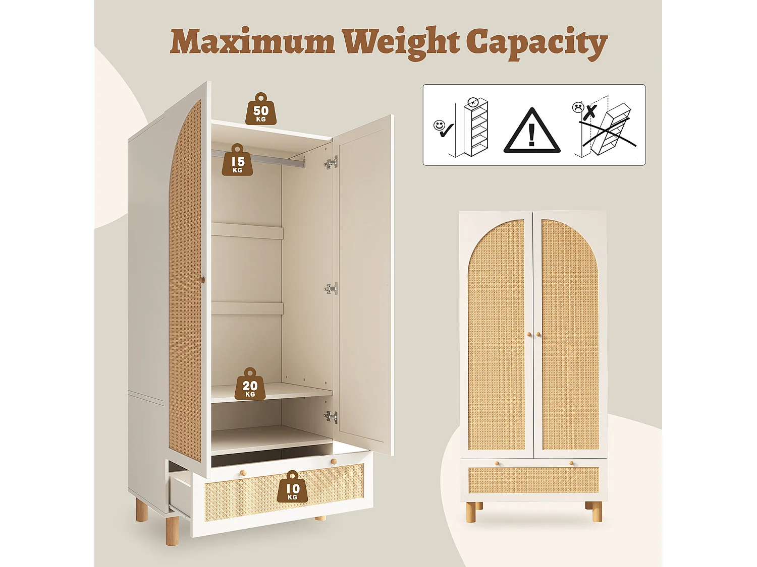 URBAN MEUBLE Armoire style champêtre 2 portes et tiroir en rotin, penderie et étagères ajustables