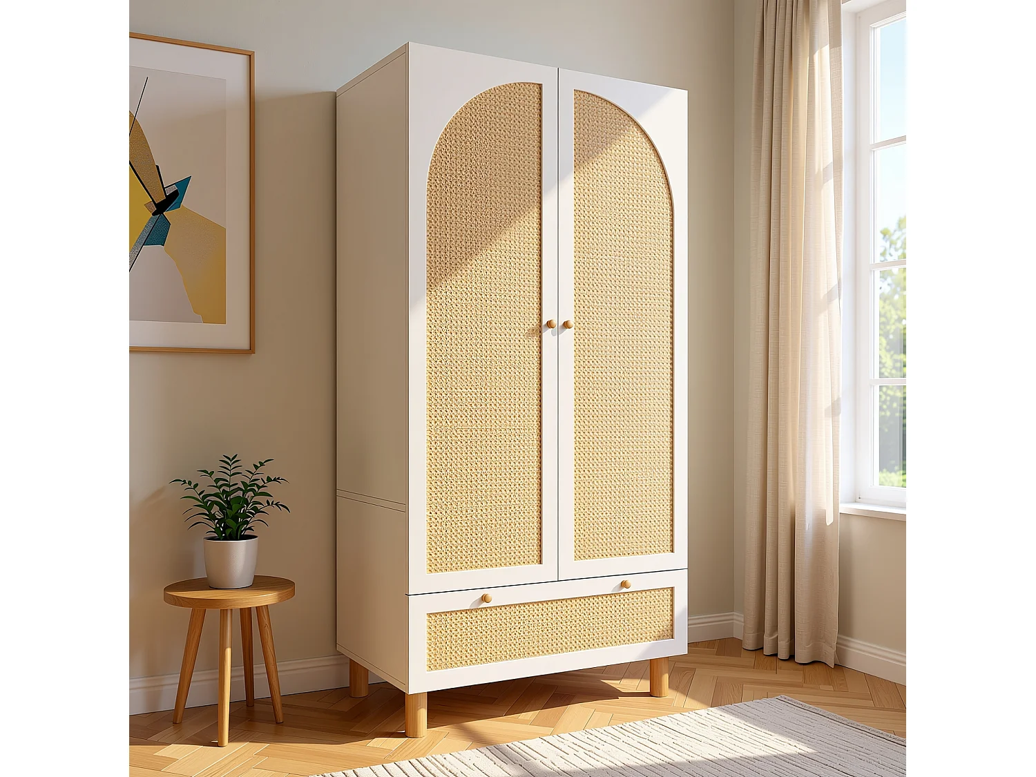 URBAN MEUBLE Armoire style champêtre 2 portes et tiroir en rotin, penderie et étagères ajustables