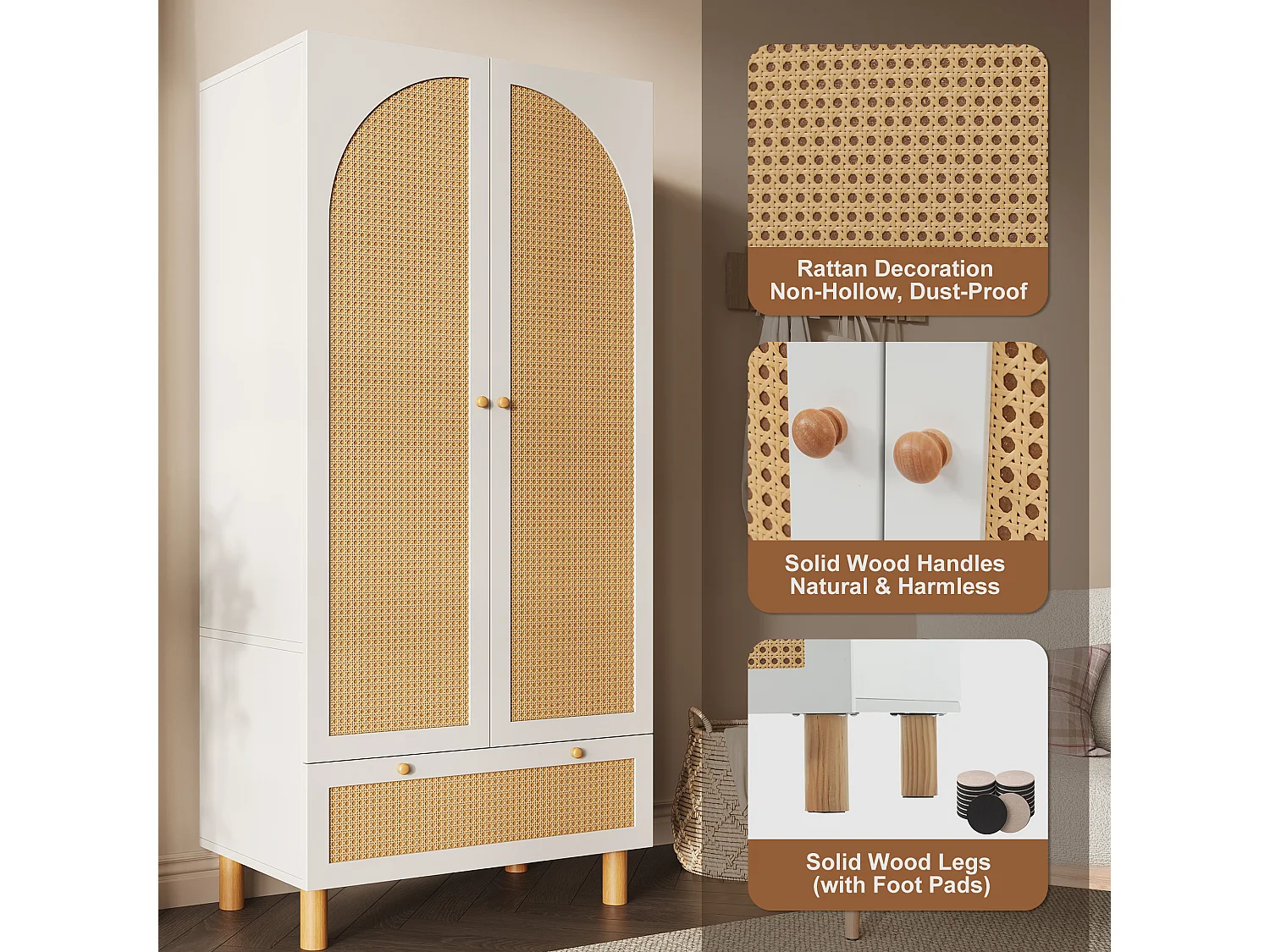 URBAN MEUBLE Armoire style champêtre 2 portes et tiroir en rotin, penderie et étagères ajustables