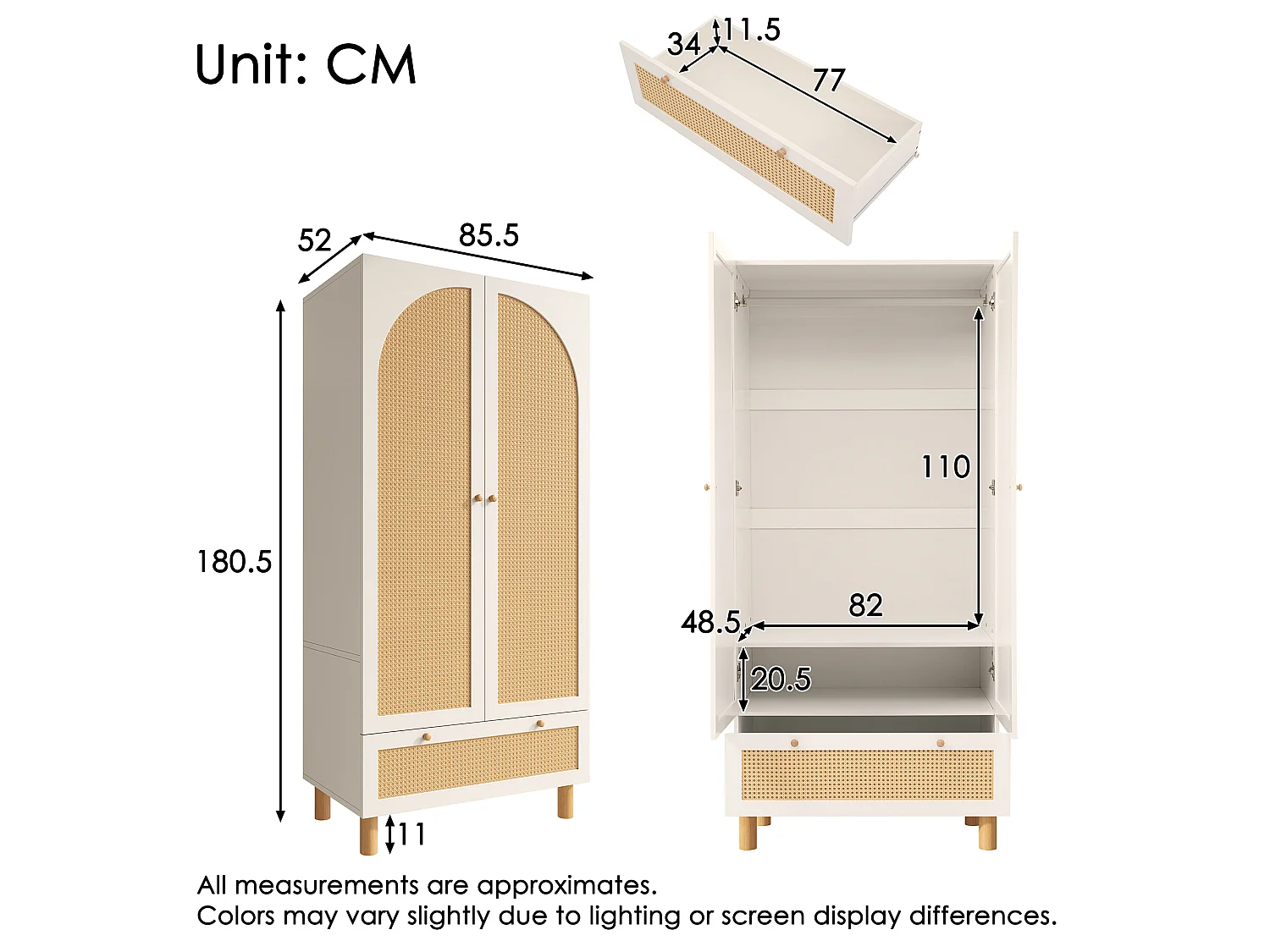 URBAN MEUBLE Armoire style champêtre 2 portes et tiroir en rotin, penderie et étagères ajustables