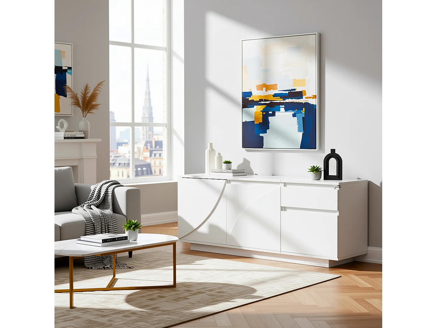 URBAN MEUBLE Buffet moderne blanc brillant motif géométrique 3 portes et éclairage LED