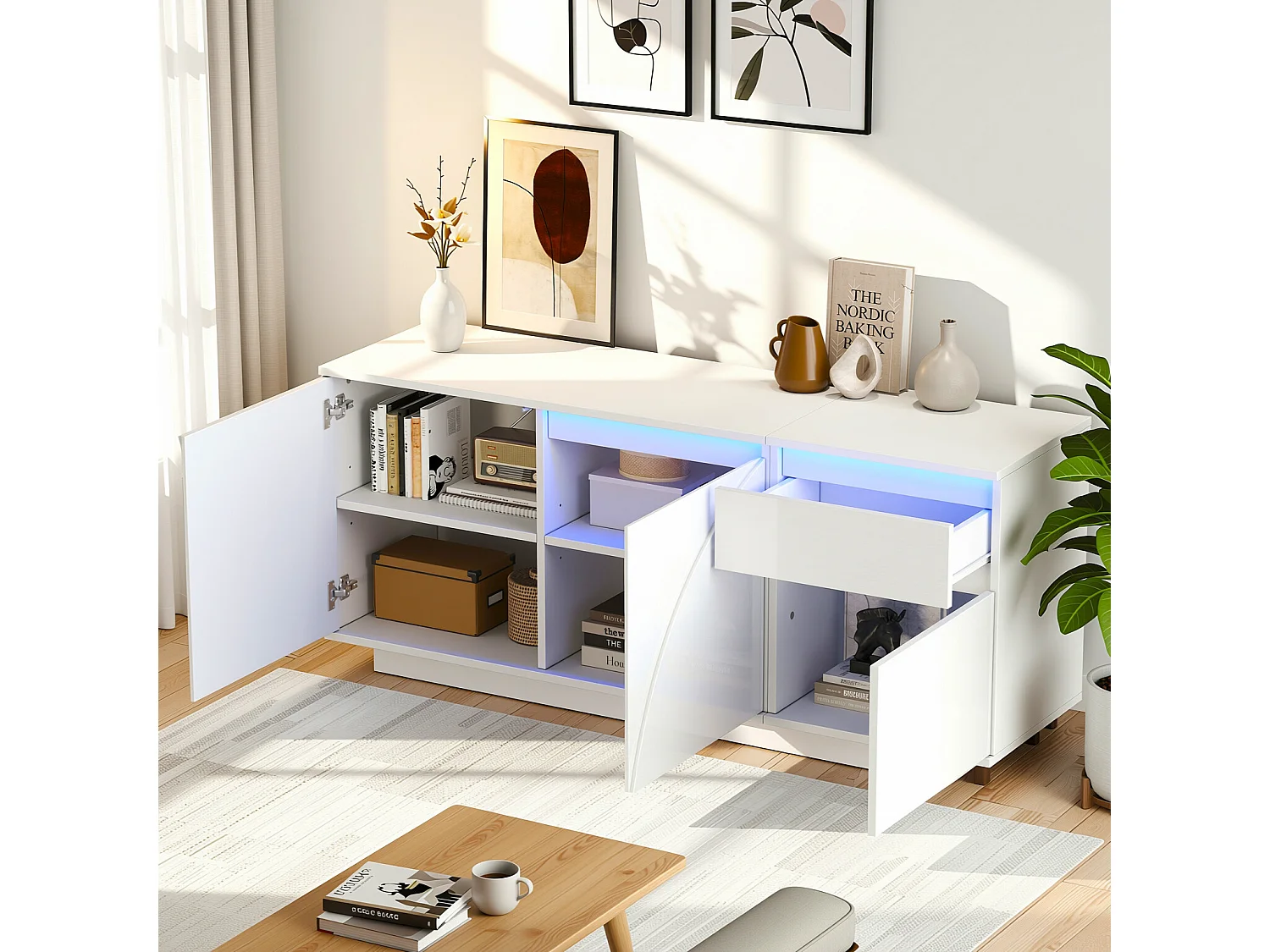 URBAN MEUBLE Buffet moderne blanc brillant motif géométrique 3 portes et éclairage LED