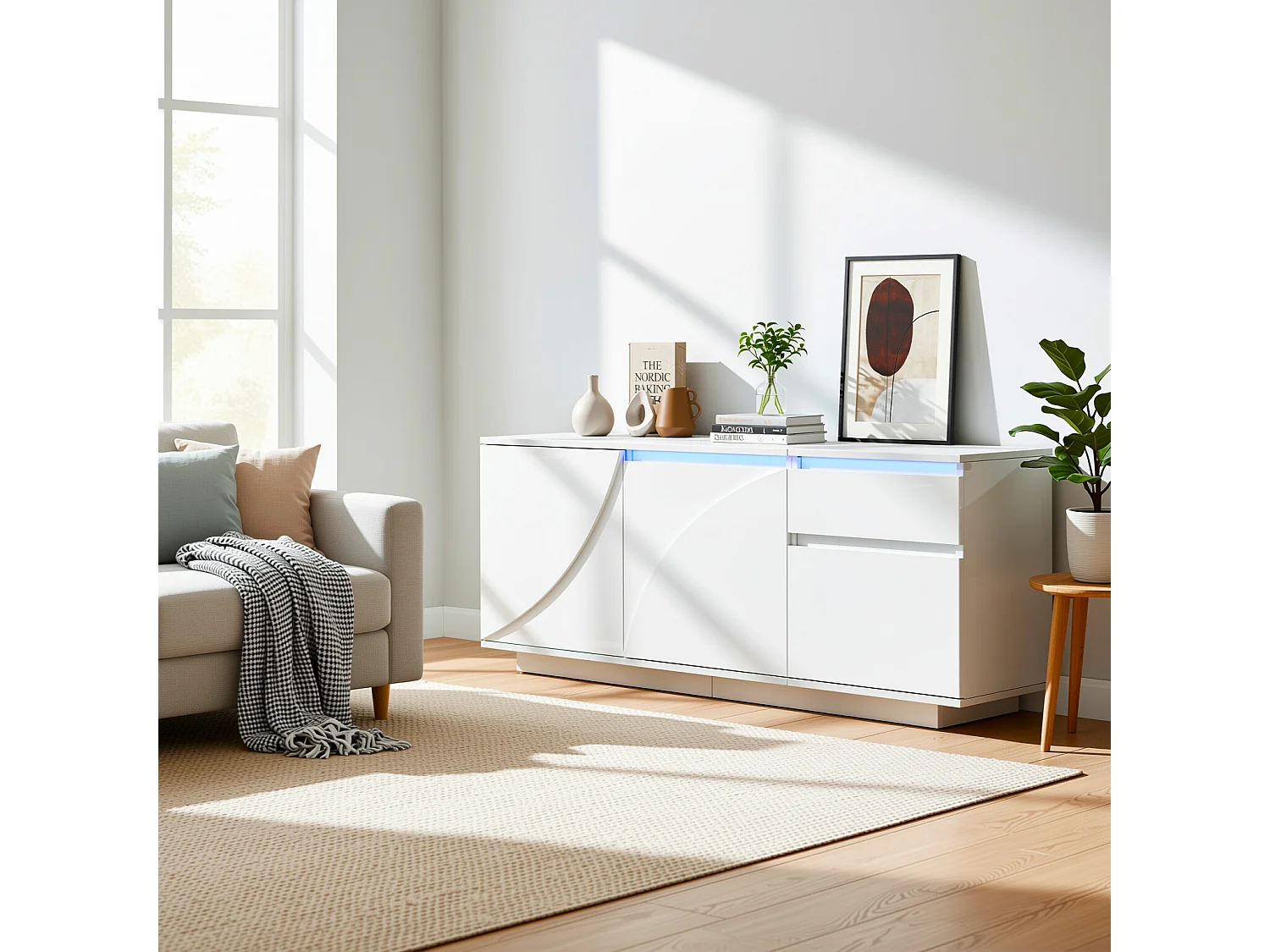 URBAN MEUBLE Buffet moderne blanc brillant motif géométrique 3 portes et éclairage LED