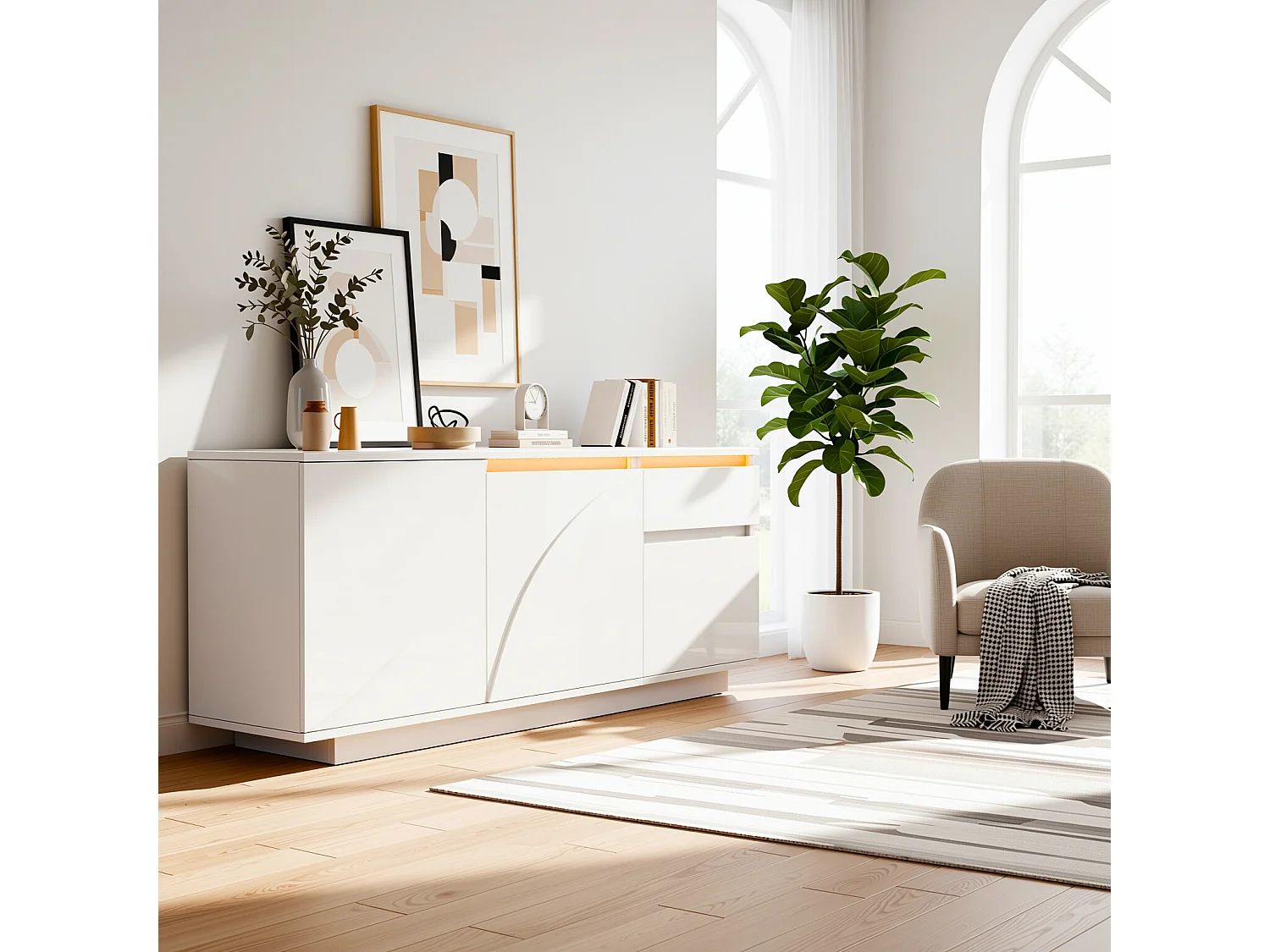 URBAN MEUBLE Buffet moderne blanc brillant motif géométrique 3 portes et éclairage LED