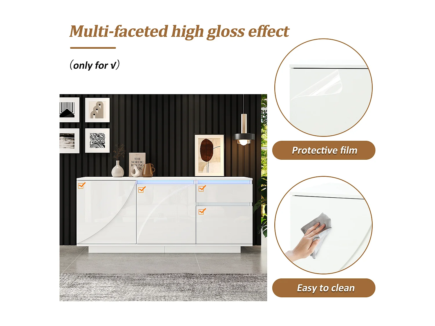 URBAN MEUBLE Buffet moderne blanc brillant motif géométrique 3 portes et éclairage LED